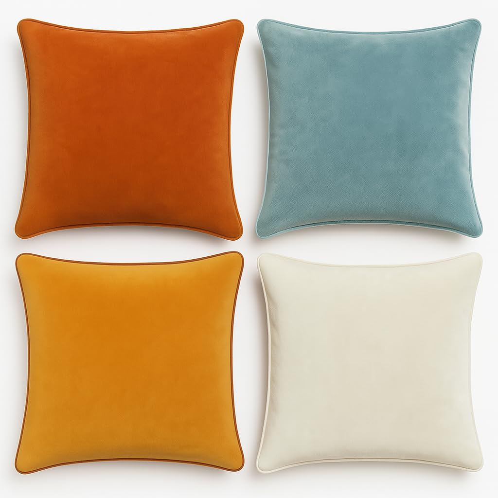 Blau Marité Decorative Velvet Throw Pillow Covers with Trim. Soft Velvet Decorative Pillow Cases. Velvet Cushion Covers. Contrast Pipping.(Orange, Blue and White, 18"x18", 4 Units) — image 1