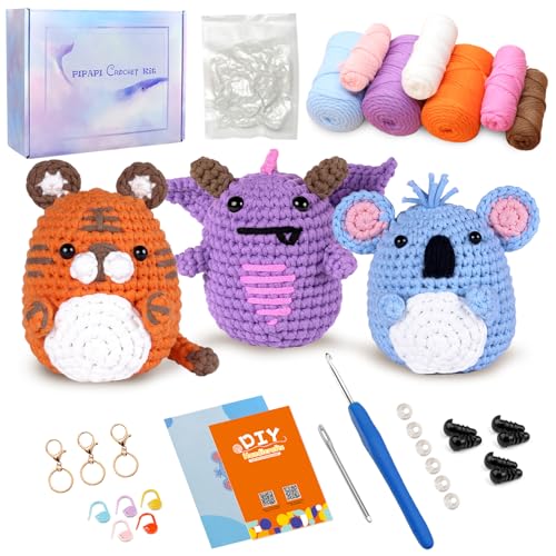 PIPAPI Crochet Kit for Beginners, 3 Pattern Single Yarn Animals-Tiger, Koala, Pterodactyl, Knitting Kit for Adult Kids with Step-by-Step Video Tutorials, Instructions and Yarns, Hook