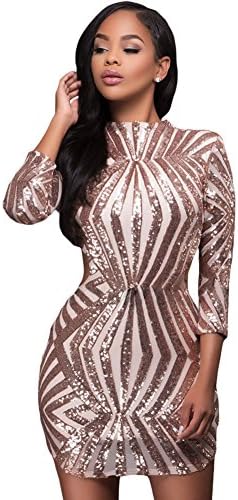 RedLife Women's Sexy Sequin Sparkling Club Carnival Bodycon Mini Dress Open Back 3/4 Sleeve (X-Large, Rose Gold 2)