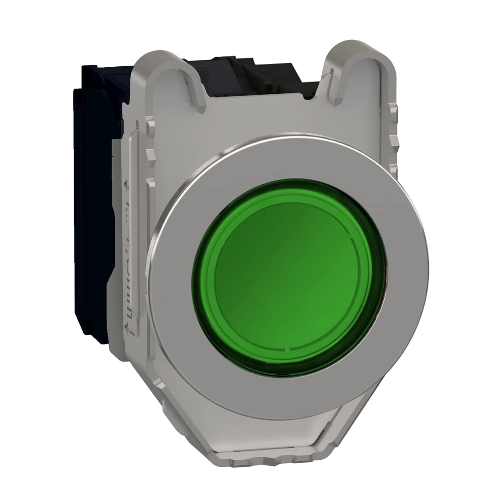 Schneider Electric Illuminated push button, Harmony XB4, metal, green flush mounted, 30mm, universal LED, plain lens, 1NO + 1NC, 120V AC
