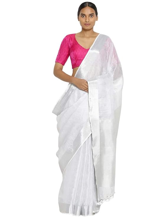 For Womens Bhagalpuri Silver Tissue Linen Saree With Plain Zari Border Running Blouse Piece
