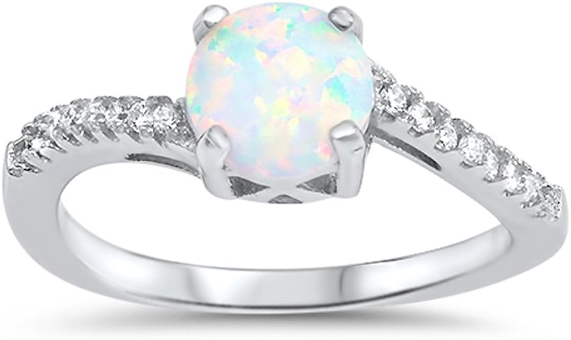 .925 Sterling Silver Prong Round Lab Created Opal Cubic Zirconia Ring