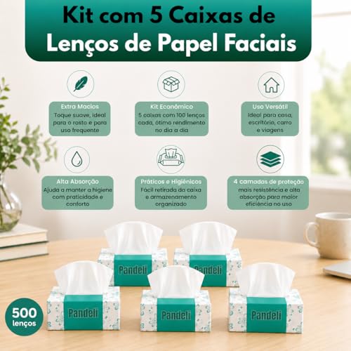 Kit com 5 Caixas de Lenços de Papel Faciais 4 Camadas, 100 Lenços por Caixa, Extra Macios e Resistentes, Alta Absorção, Papel Tissue para Uso Diário, Casa e Escritório