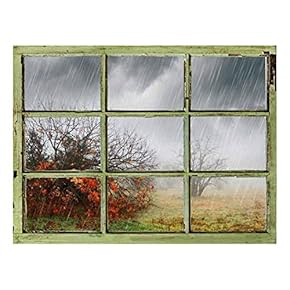 Window View Wall Mural - Heavy Rain - Vintage Style Wall Decor - Peel and Stick Adhesive Vinyl Material - 24x32 inches