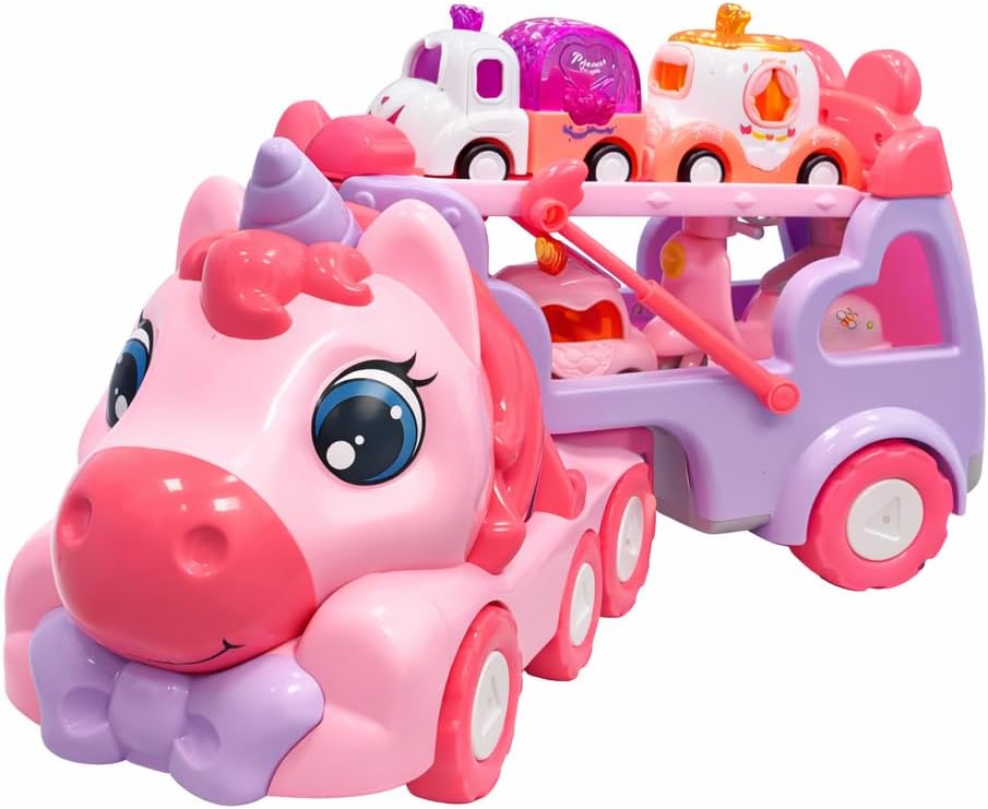 JQLM 5-in-1 Unicorn Truck Toy for Girls Pink Carrier Car with Music Lights