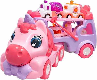 JQLM 5-in-1 Unicorn Truck Toy for Girls Pink Carrier Car with Music Lights