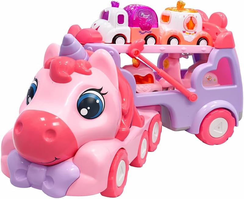 JQLM 5-in-1 Unicorn Truck Toy for Girls Pink Carrier Car with Music Lights