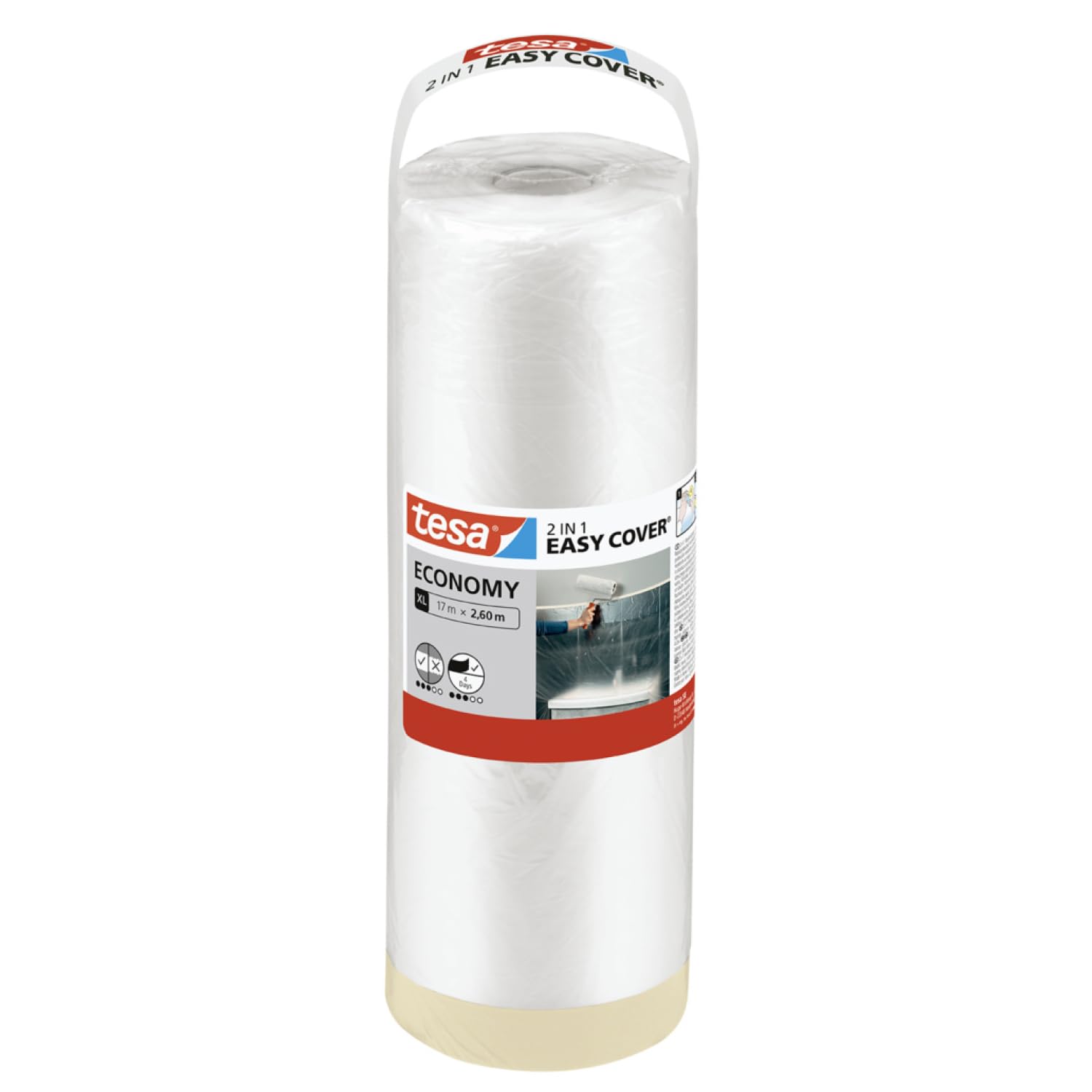 tesa Easy Cover ECONOMY Cover Sheet for Painting - 2 in 1 Protection Foil and Masking Tape for Masking - 17 m x 260 cm