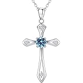 QUALISE Cross Necklace for Women,925 Sterling Silver Birthstone Necklace with Diamond Faith Religious Birthstone Jewelry Birthday Holiday Gifts for Her/Wife/Mom/Girlfriend