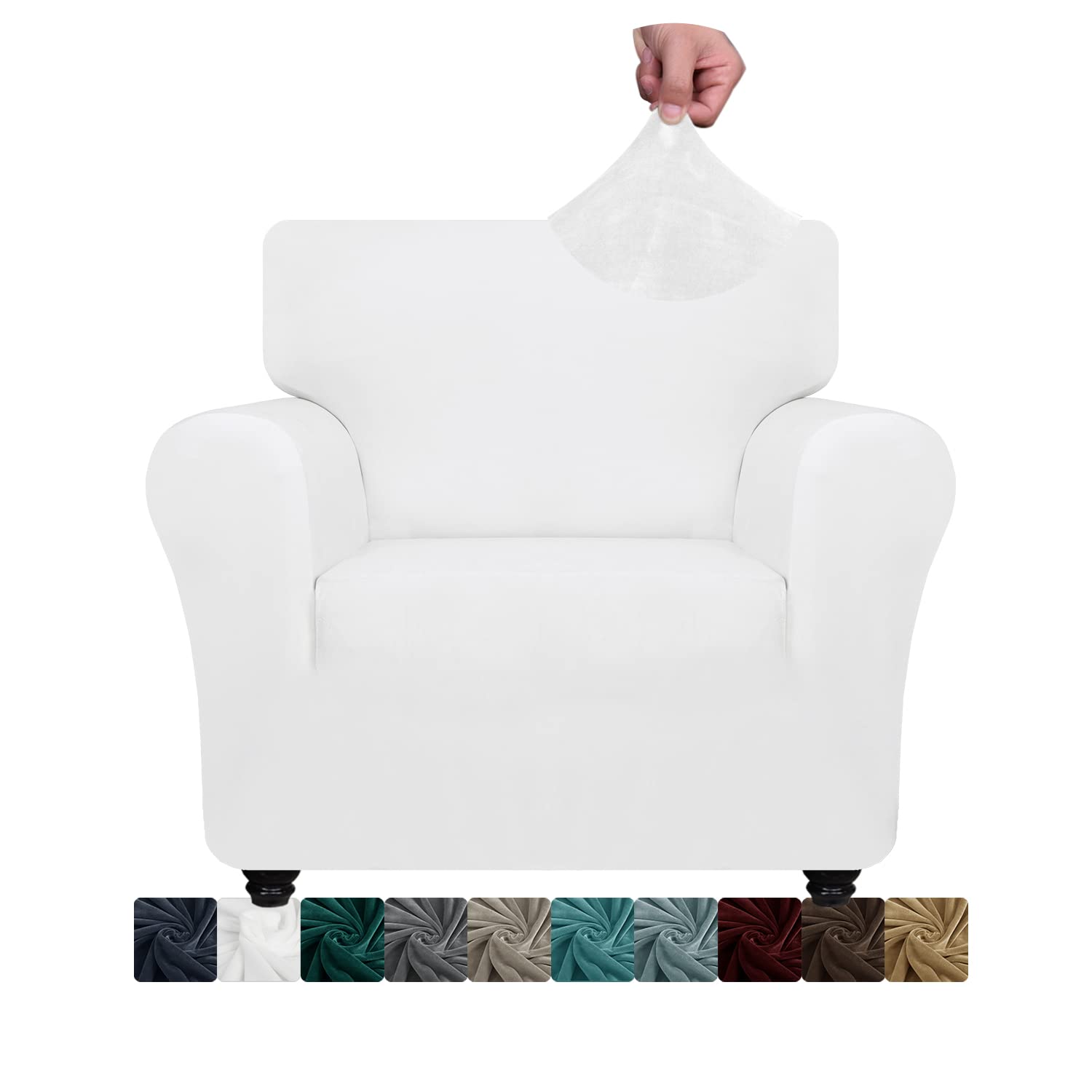 CHELZEN Velvet Chair Covers for Armchairs 1 Seater Thick Stretch Couch Covers for Dogs Pets Non-Slip Chair Slipcover with Arms Furniture Protector for Living Room (1 Seater, White)