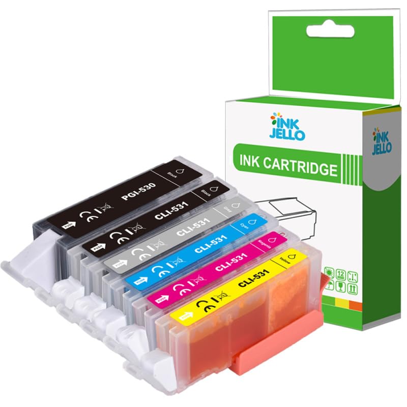 Inkjello PGI-530 CLI-531 Compatible Ink Cartridge For Printer, Compatible with Canon Pixma TS8750 TS8751 Pigment Black, Black, Cyan, Magenta, Yellow, Grey (6-Pack)