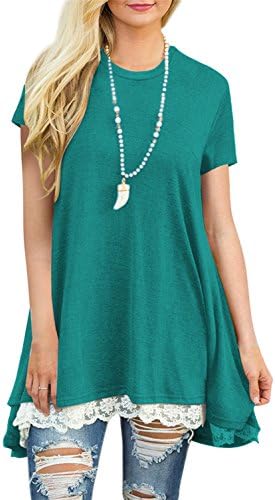 FERYSHE Womens Lace Short Sleeve A-Line Tunics Blouse Shirt Tops