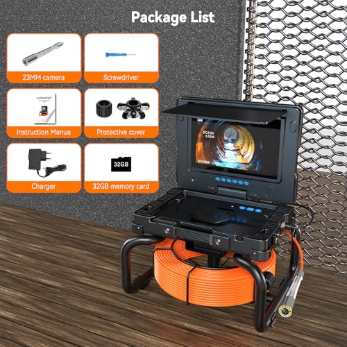 Caméra Endoscopique avec Mesure de Distance, 9'' Caméra d'inspection avec DVR, 23MM HD étanche IP68 Endoscopique Batterie de 4500mAh, Carte TF 32 Go, spécialement conçu pour Les plombiers (30M)