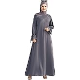 Jazvano Tie Cuffs Dress Solid Color Abaya for Women Front Zipper Robe with Pocket Daily Islamic Prayer Clothes