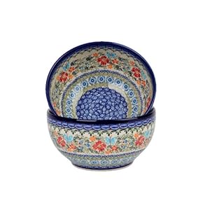 Polish Pottery Ceramika Boleslawiec Bowl Cups, Royal Blue Patterns with Red Cornflower and Blue Butterflies Motif, 5-1/4-Inch
