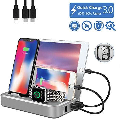 JASZW 7 in 1 Mobile phone charging station for Multiple Devices QC 3.0 SendowTek 50W 5-Port Charge Docking Station Organizer - 1 Watch Charging Stand & 1 Phone Holder