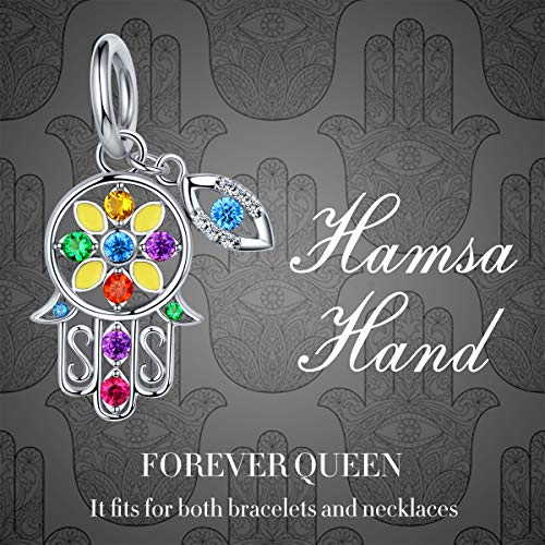Hamsa Hand fit Pandora Charms Bracelet, 925 Sterling Silver Good Luck Vintage Fatima Hand Dangle Charms Pendant with Blue Evil Eye for Snake Chain Bracelet Necklace FQ0053