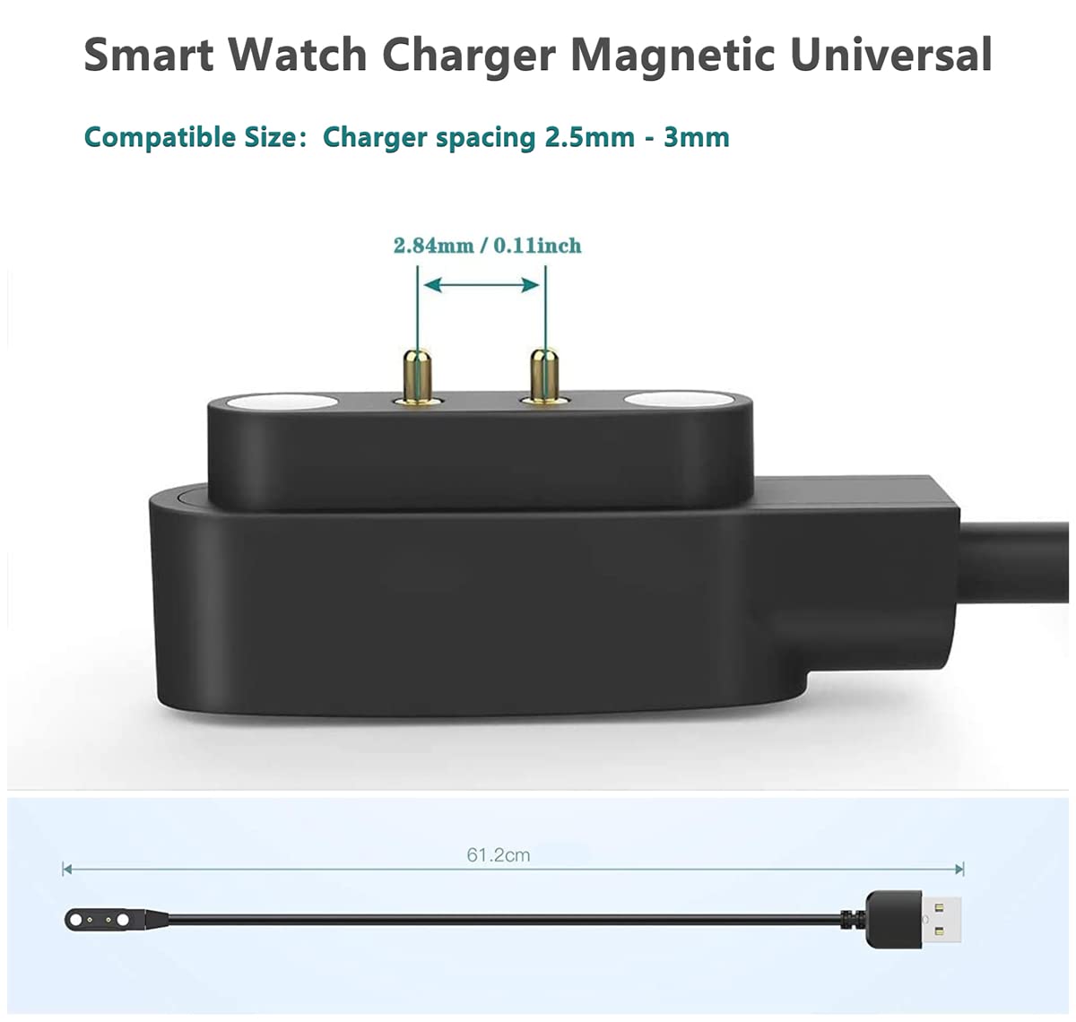 Aliwisdom Smart Watch Universal Charger Magnetic, da fit Smartwatch Accessories 2 Pin Magnetic Suction Replacement Charger for Smart Watch, Cable Contact pin spacing Compatible 2.54mm - 2.84mm