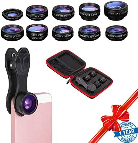 Phone Lens-10 in 1 Camera Lens Kits Included 198° Fisheye Lens 0.63X Wide Angle Lens 15X Macro Lens 2X Telephone Lens CPL Flow Radial Star Filter Kaleidoscope Lens for Most Smartphone Tablets