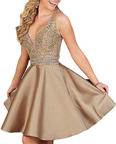 Hatail Women Beaded Cocktail Homecoming Dress Short Double V Neck Prom Gown