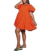WOKANSE Women's Cute Babydoll Dresses 2024 Casual Loose Puff Sleeves Ruffle Hem Button Down Pleated Shirt Dress