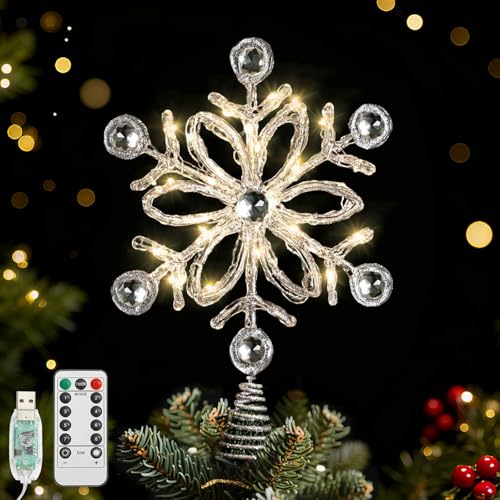 Lewondr Christmas Snowflake Tree Topper, 13'' Glittered Epoxy Xmas Tree Topper with Diamond, 20 LED Bulbs, 6 Hrs Timer and 8 Modes USB Remote Control, Christmas Treetop Decor for Home Holiday, Silver