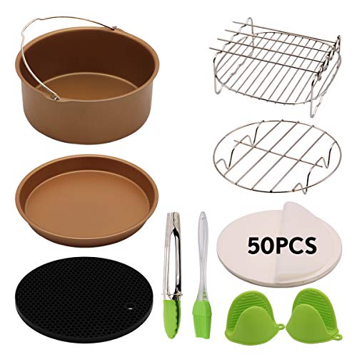 8 Inch XL Air Fryer Accessories 59 Pcs For Gowise Phillips Cozyna Ninja Deep Fryer Accessories Setwith Cake Barrel, Pizza Pan,Metal Holder,Skewer Rack, Mat,Brush, Tongs,Mitts, Liners - Champagne Gold