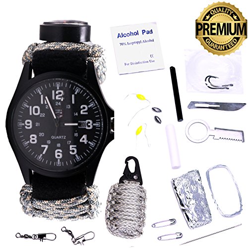 rachute|Fliznt Fire Starter,Compass,Watch with waterproof,Knife Scraper,Whistle,& MORE|BEST Survival Tactics Kit For Hiking Camping Fishing |Enhance Your Survival Experience Now