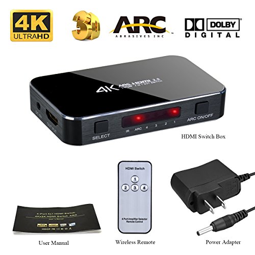 4K HDMI Switch Selector, 4 input 1 output 3D Support, ARC Audio Extractor, with Optical Toslink Audio Out for Home Theater / Multimedia Presentation / HDTV / DVD / PS3 / PS4 / STB / Bluray Player etc