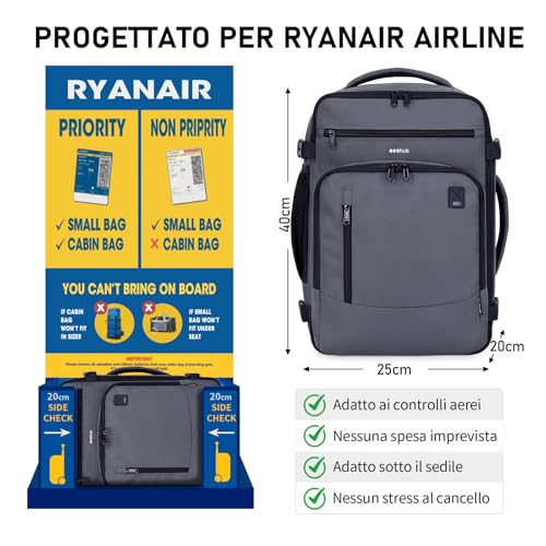 ECOHUB Ryanair Ryanair Backpack 40 x 20 x 25 cm Hand Luggage 40 x 20 x 25 cm Ryanair Travel Backpack Travel Bag Eco Friendly Tote Bag Recycled PET 20 Litres Patented Grey
