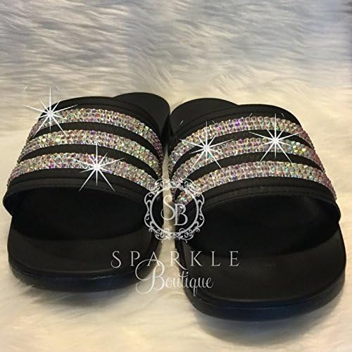 Swarovski Bling adidas Slides Custom Sandals Crystal Sandals Bedazzled Black and White adidas slides By SparkleBoutique2U