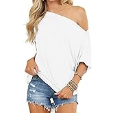 REVETRO Womens Sexy Off The Shoulder Tops Summer Short Batwing Sleeve Loose T-Shirts