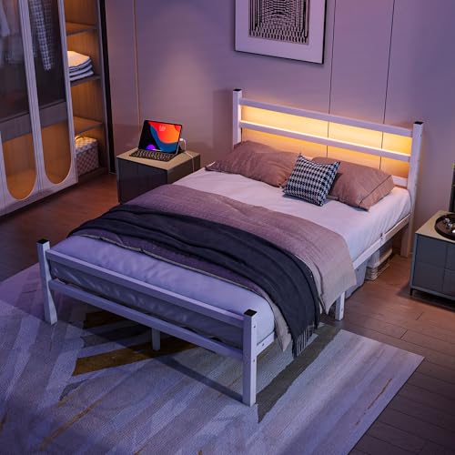Maliacife Full Bed Frame with Headboard and Footboard,Metal Platform Double Bed Frame with Charging Station and LED, Steel Slats Mattress Foundation, No Box Spring Needed,Noise Free,White