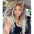 Fencca Ash Blonde Long Curly Wigs for Women Ombre Color Heat Synthetic Curly Wig Mix Blonde Curly Wavy Wig Layered Natural Daily Party Wig