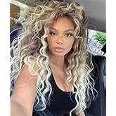 Fencca Ash Blonde Long Curly Wigs for Women Ombre Color Heat Synthetic Curly Wig Mix Blonde Curly Wavy Wig Layered Natural Daily Party Wig