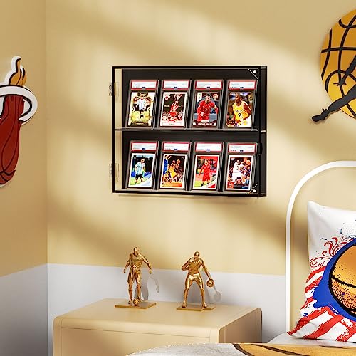 NIUBEE Acrylic Baseball Card Display Case, 8 Graded Card Display Frame Wall Mount with UV Protection Clear View, Sports Card Display Case with Magnetic Door for Football Basketball Hockey, Horizontal
