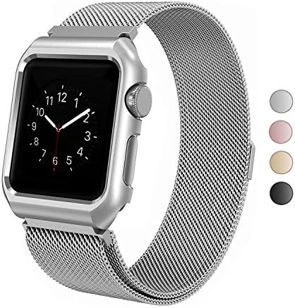 SIXRARI Apple Watch Band,Stainless Steel With Magnetic Closure &amp; Metal Protective Cover Frame With Adjustable Replacement Strap,42mm Milanese Loop For Series 3 Series 2/1 Nike + / Sport (Silver)