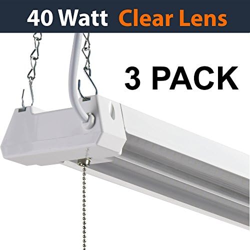 3PK LED 4ft Utility Shop Light-40W, 5000K, Non-Linkable, Clear Lens, 4500LM, Replaces 4 Foot Fluorescent, Garage Shoplight Ceiling Fixture, Pull Cord Chain, Plug In