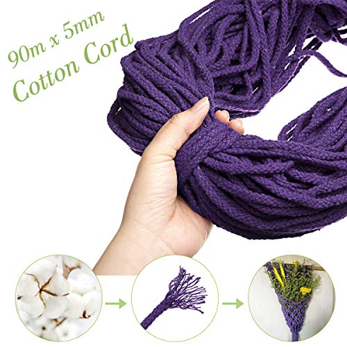 GEMITTO 90m x 5mm Natural Macrame Cotton Rope, Cord Craft Knitting Thread,  String Wall Hanging Plant Hanger, Garden Flower Pot Holder Purple