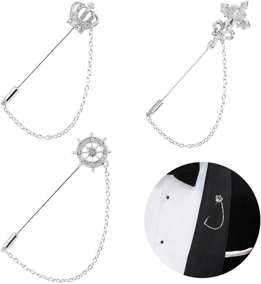 Huture 3 Packs Men's Brooch Lapel Pin Crown Rudder Cross Badge Hanging Chains Collar for Career Suit Tuxedo of Shirts Tie Hat Scarf for Boyfriend Father Birthday Silver