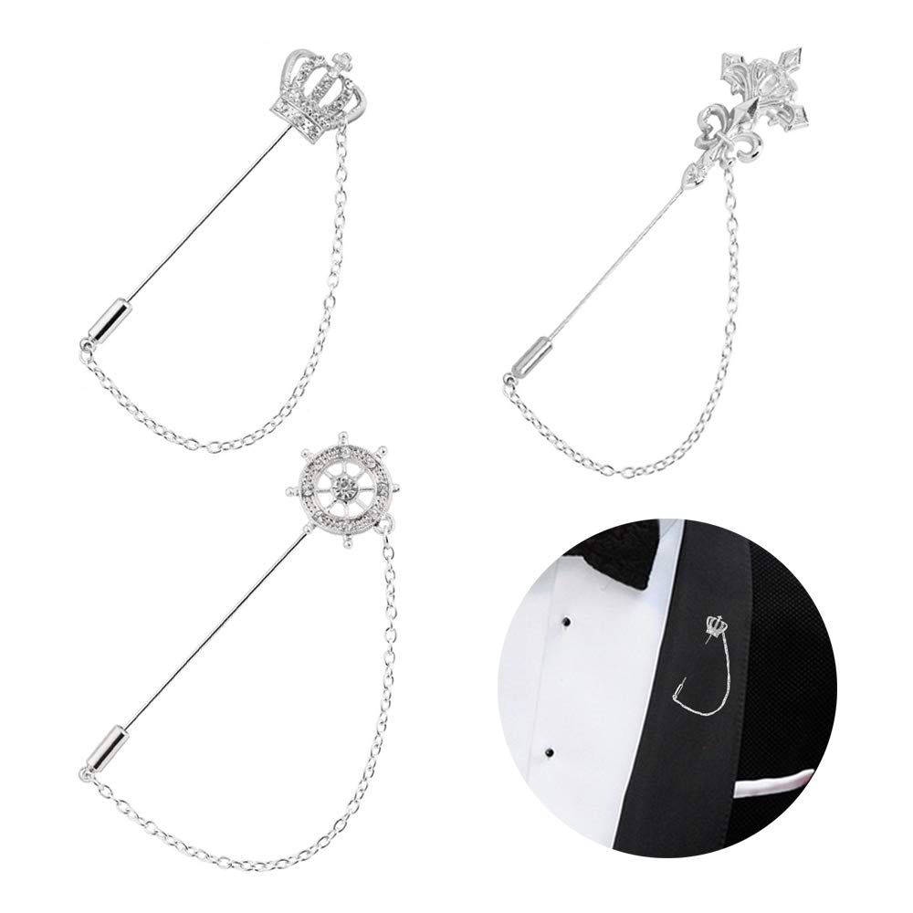 Huture 3 Packs Men's Brooch Lapel Pin Crown Rudder Cross Badge Hanging Chains Collar for Career Suit Tuxedo of Shirts Tie Hat Scarf for Boyfriend Father Birthday Silver