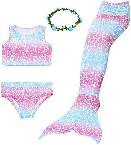 Ubetoone Mermaid Tail Swimmable Costume Swimsuit for Girls Swimming(No Monofin) (Pink Cherry Mermaid, Child XL (8Y-9Y))