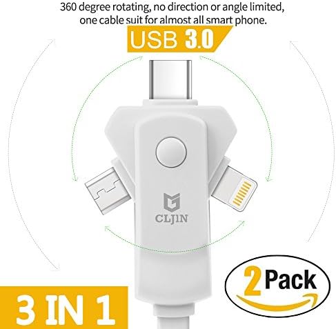 CLJIN USB Charging Cable 3in1 for Apple iphone 5 5C 5S 6 6S 6 Plus 6S Plus 7 7plus 8 8plus X Android Type-C USB 3.0 phone device 1M 2PCS