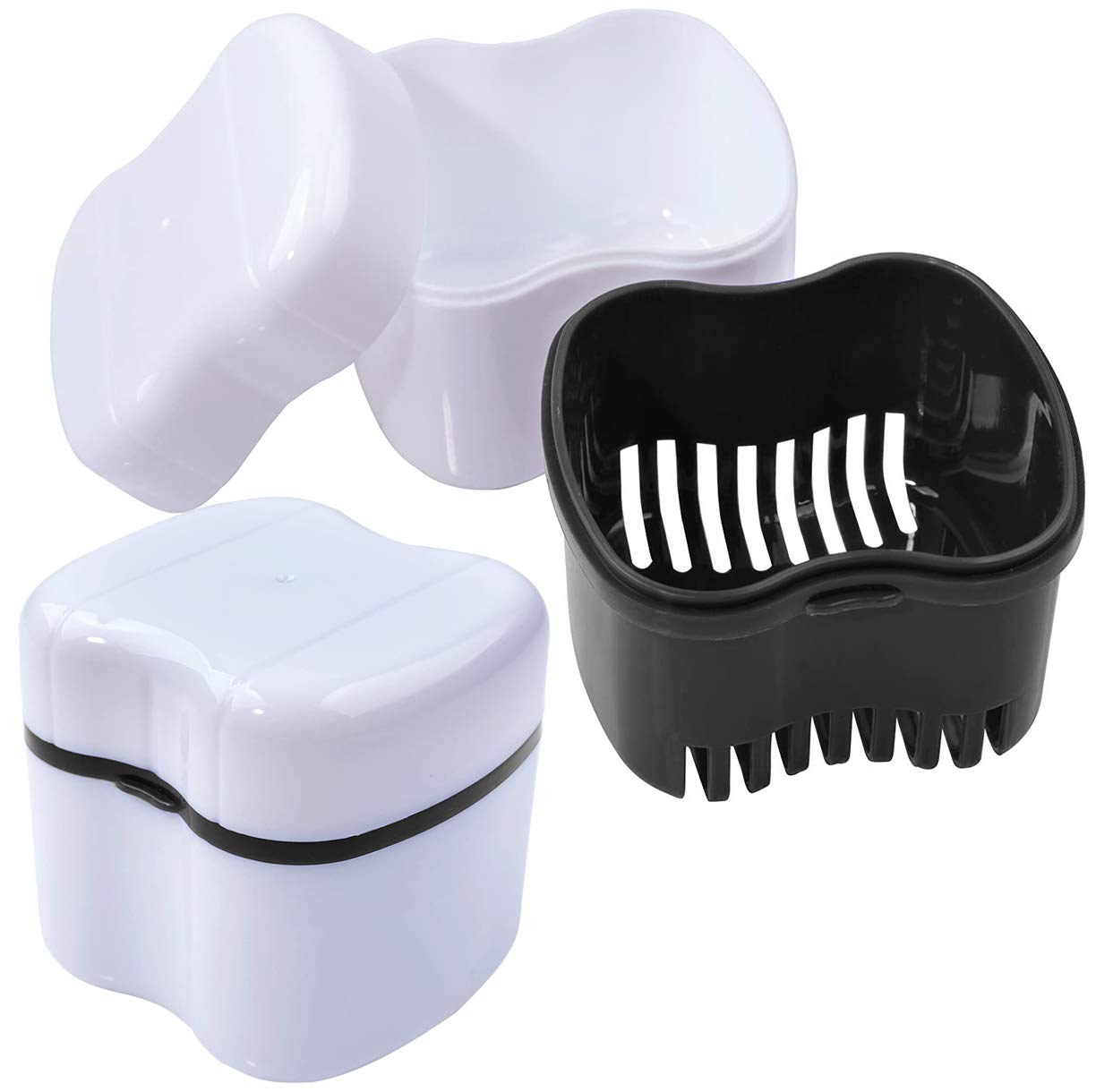 Denture Case, Denture Cups Bath, Toothbrush with hard denture, Dentures Container with Basket Denture Holder for Travel, Mouth Guard Night Gum Retainer Container (Black) : Beauty