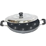 TABAKH Bright AppamPatra Paniyaram Non Stick Pan with Stainless Steel Lid,Black,Medium