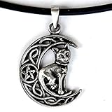 Cat Celtic Crescent Moon Pentacle Wicca Pewter Pendant W Black Vinyl Necklace