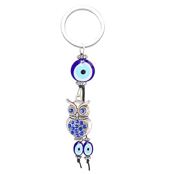 STRIPES Oxidised Silver Owl with Blue Crystal and Evil Eye Key Chain