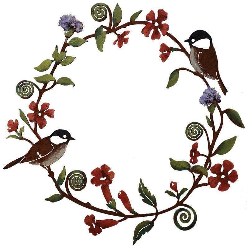 HZBAKLO Bird Wall Art Decor, 11.8 Inch Metal Chickadees Flowers Wreath Wall Art, Birds Garland Metal Hanging Decor for Home Garden, Fence, Yard, Outdoor Wall Decoration