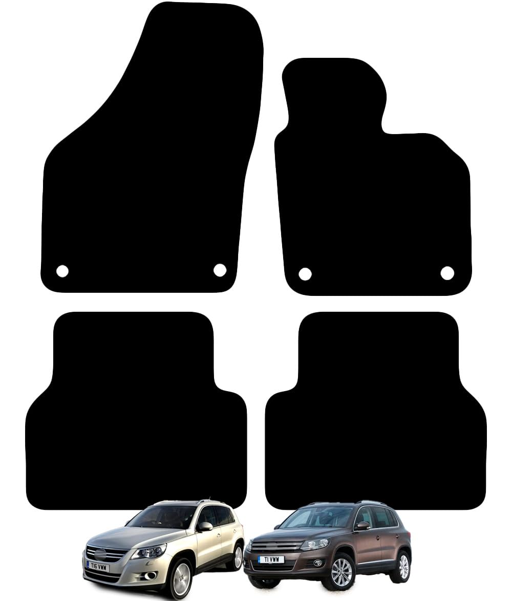Carsio Carpet Car Mats For VW Tiguan 2007 to 2016 4 Piece Set With 4 Clips Tailored Fit Floor Mat Complete Accessory Black Custom Fitted - All Weather, Anti-Slip Backing & Black Trim