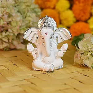 Collectible India Ceramic Silver Plated Terracotta Long Ear Ganesha Idol Statue for Car Dashboard God of Luck & Success with Gift Box (Size: 3 inches)